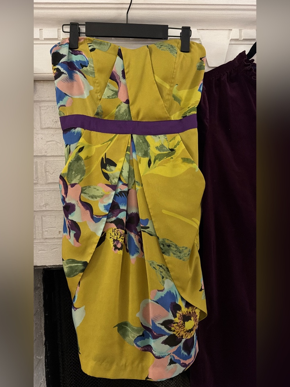 Vince Camuto Strapless Floral Sheath Dress in Chartreuse and Purple Accent